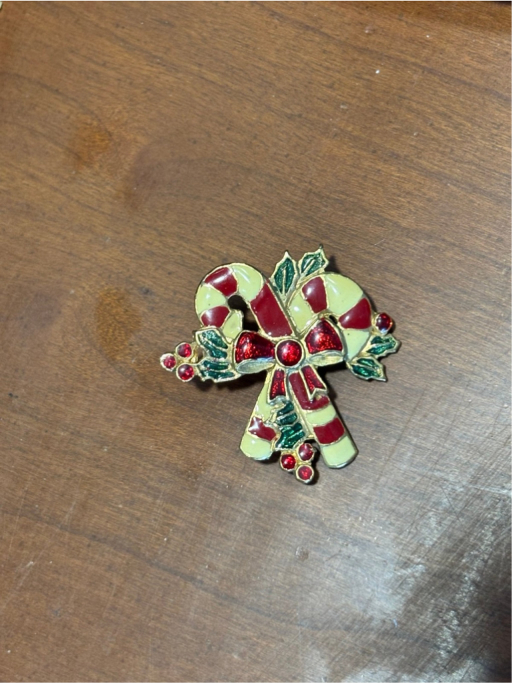 Vintage Christmas Candy Cane Pin Gold Tone Holly Holiday Brooch costume jewelry